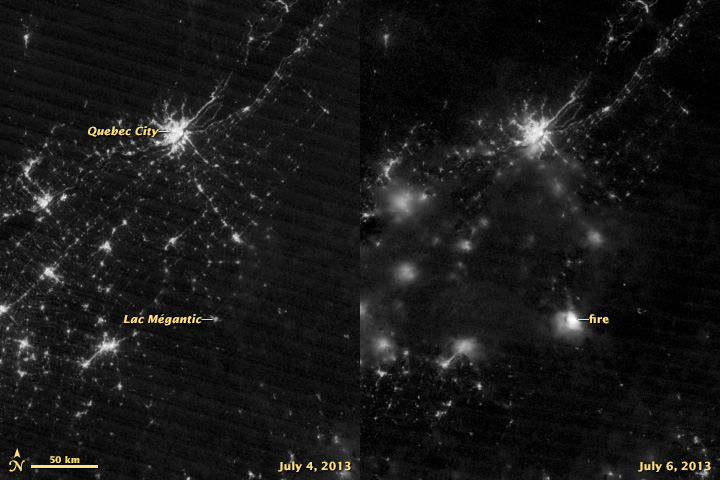 Quebec Train Derailment Fire Seen from Space